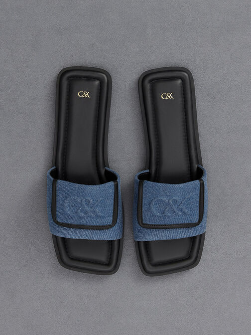 Leather & Denim Slide Sandals, Blue, hi-res