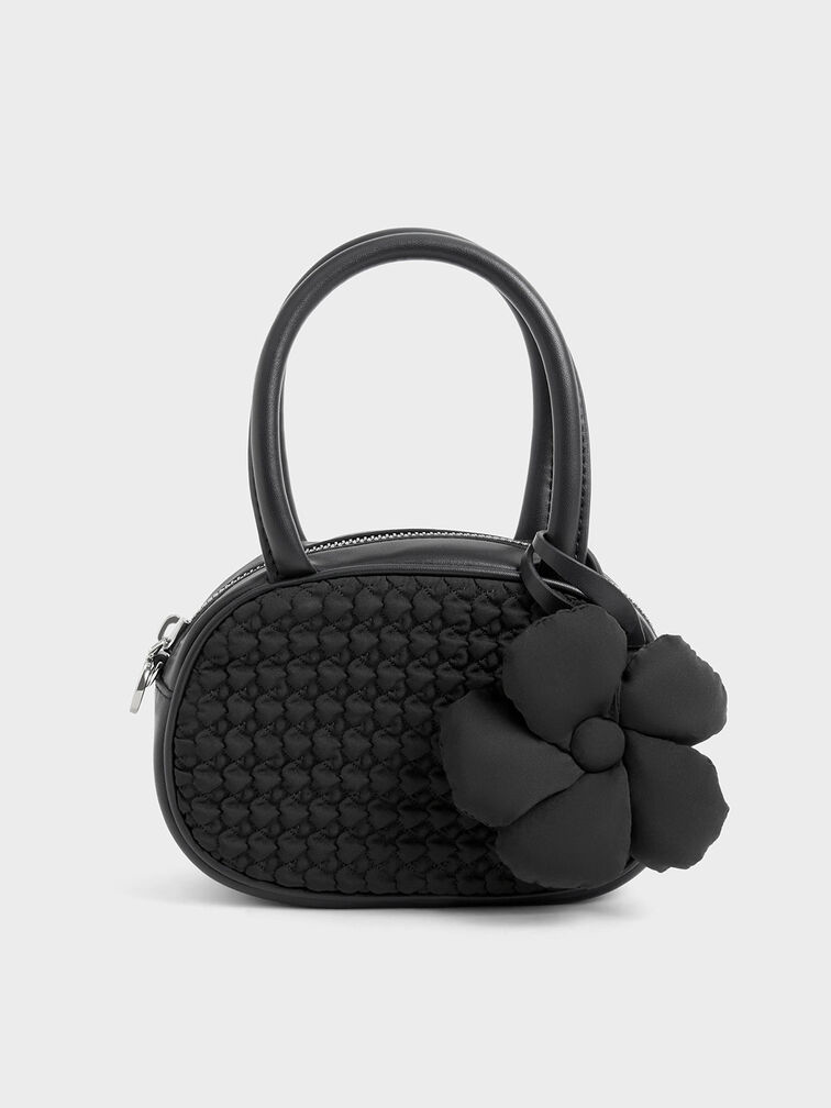 Nylon Textured Top Handle Bag, Black, hi-res