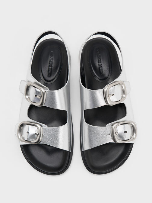 Metallic Buckled Double-Strap Slingback Sandals, Silver, hi-res