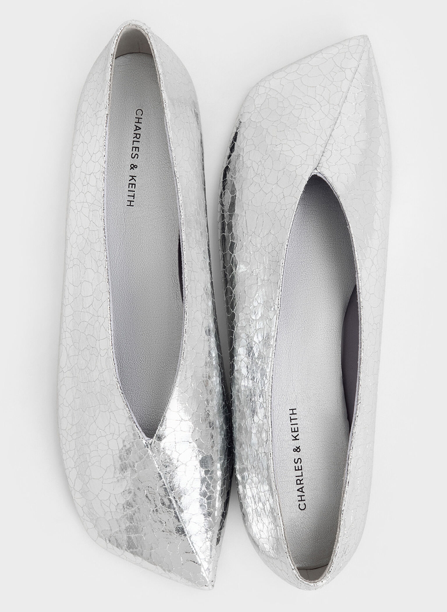 Metallic Crinkle-Effect Asymmetrical Square-Toe Ballet Flats, Silver, hi-res
