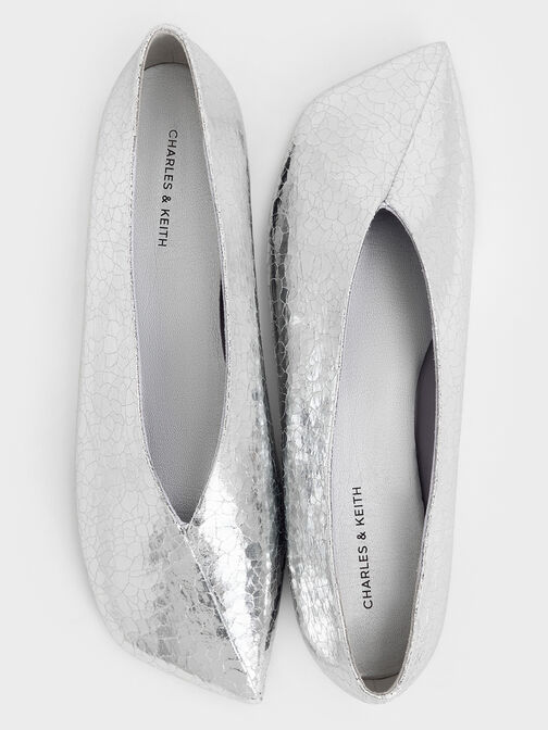 Metallic Crinkle-Effect Asymmetrical Square-Toe Ballet Flats, Silver, hi-res