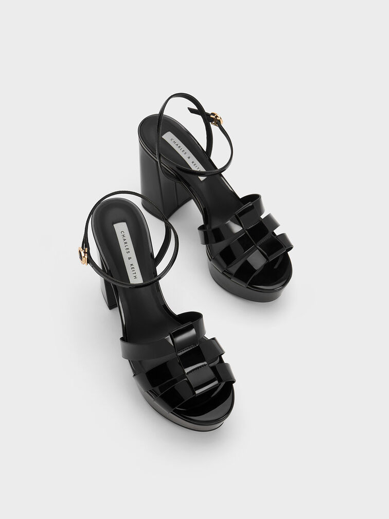 Patent Gladiator Platform Sandals, Black, hi-res