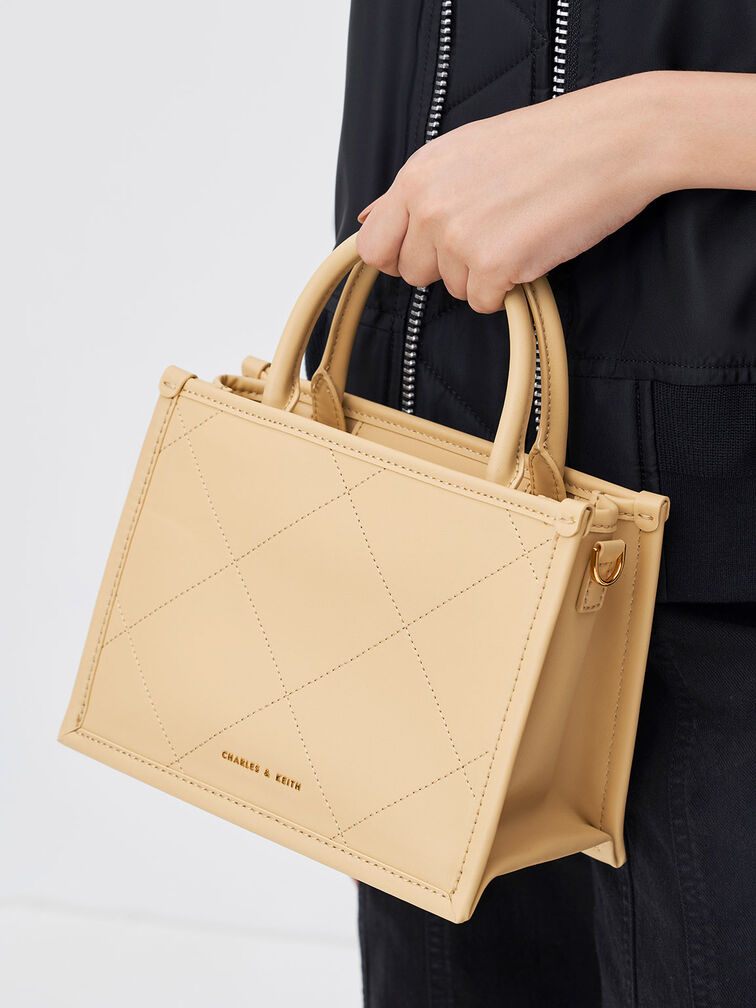 Bolso tote acolchado con doble asa Celia, Beige, hi-res