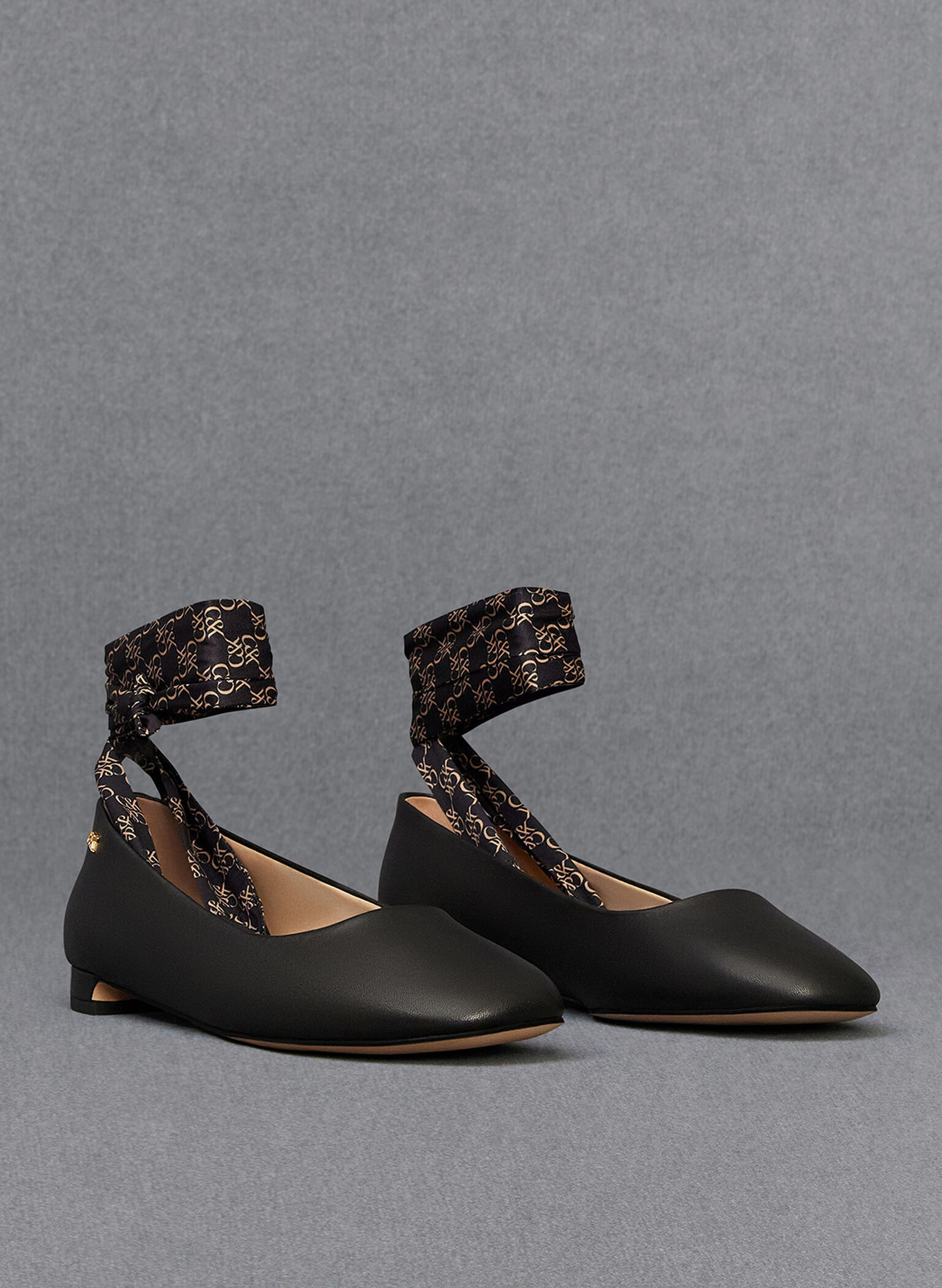 Leather Monogram Tie-Around Ballet Flats, Black, hi-res