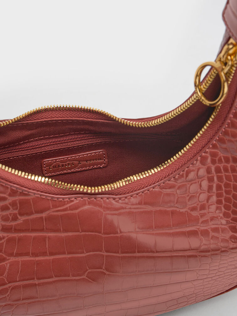 Croc-Embossed Crescent Hobo Bag, Brown, hi-res