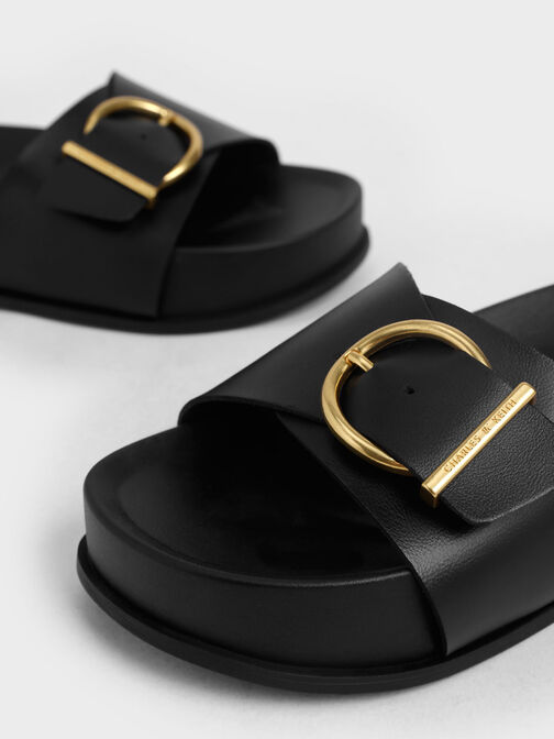 Metallic Buckle Flatform Sandals, Black, hi-res