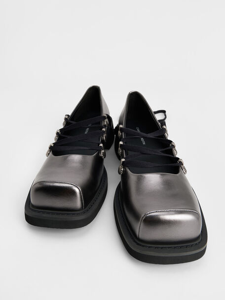 Metallic Heart-Embellished Lace-Up Ballet Flats, Pewter, hi-res