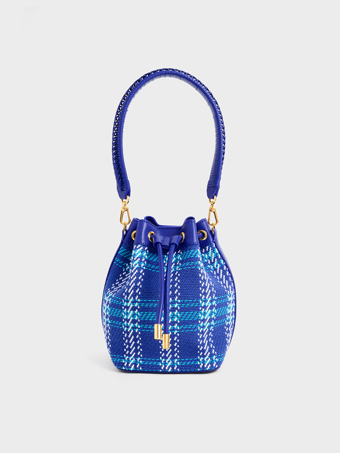 Cobalt Tweed Braided Handle Drawstring Bucket Bag CHARLES KEITH CA