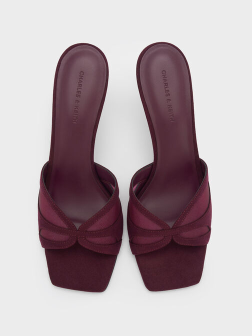 Faux Suede & Mesh Heeled Mules, Burgundy, hi-res