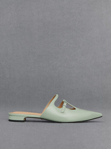 Leather T-Bar Double-Strap Mules, Mint Green, hi-res