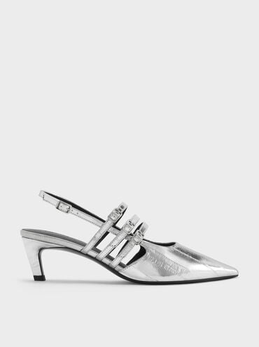 Metallic Triple-Strap Pointed-Toe Kitten-Heel Slingback Pumps, Silver, hi-res