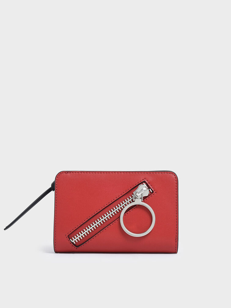 Ring Detail Zip Around Small Wallet, Red, hi-res