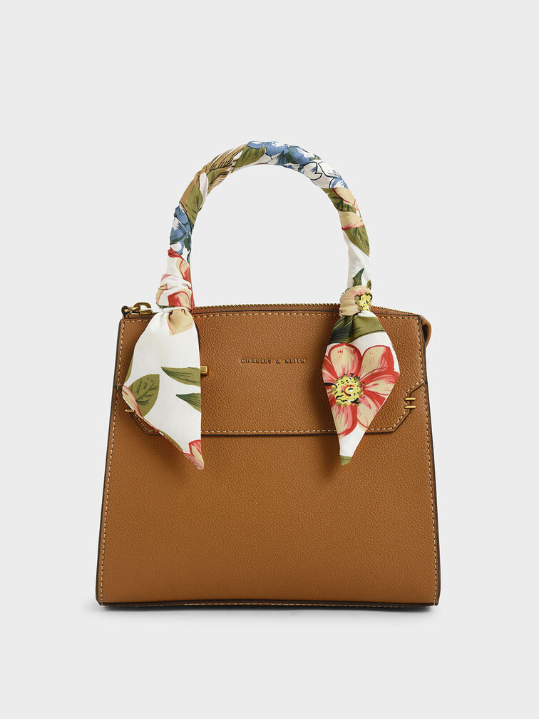 Scarf-Wrapped Top Handle Bag, Camel, hi-res