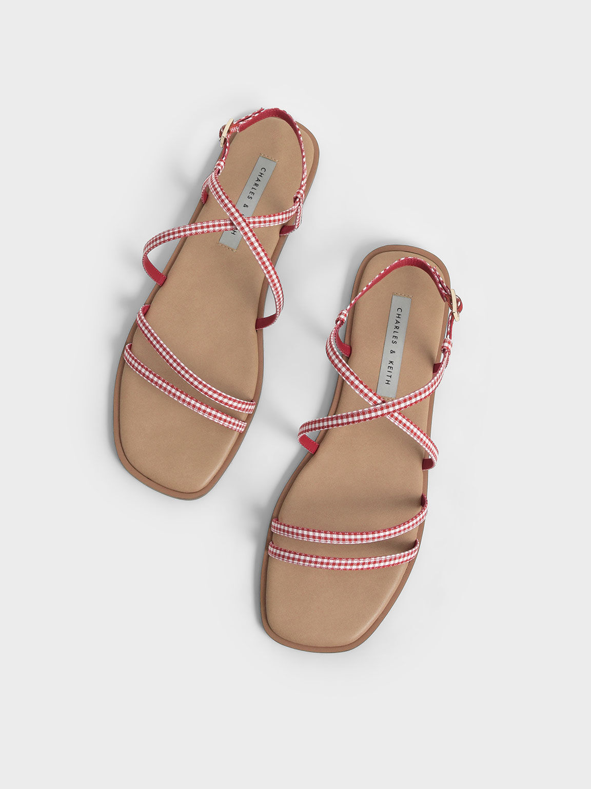 Check-Print Strappy Flat Sandals, Red, hi-res