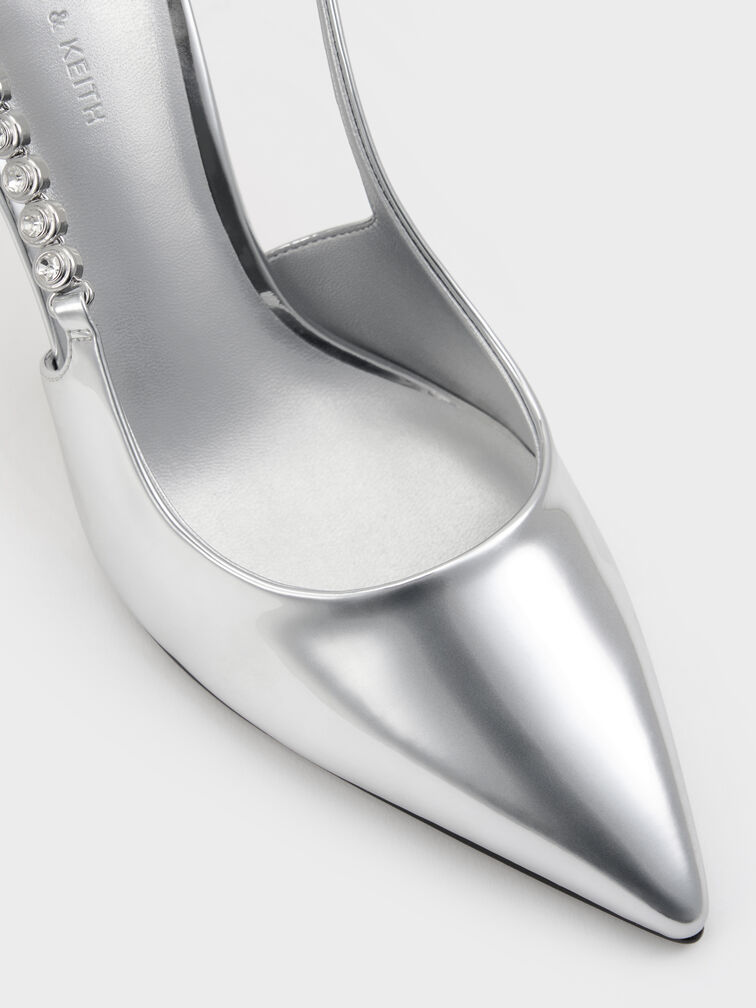 Flores Metallic Gem-Strap Slingback Pumps, Silver, hi-res