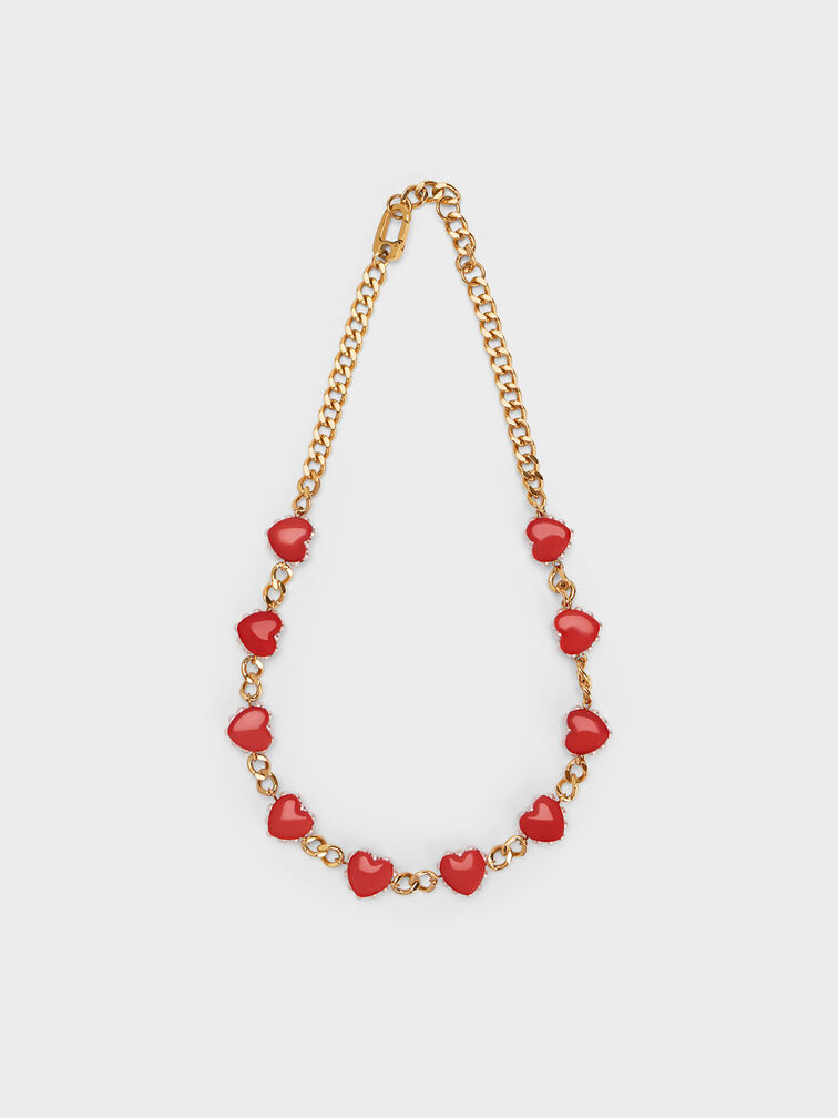 Heart Motif Choker Necklace, Red, hi-res