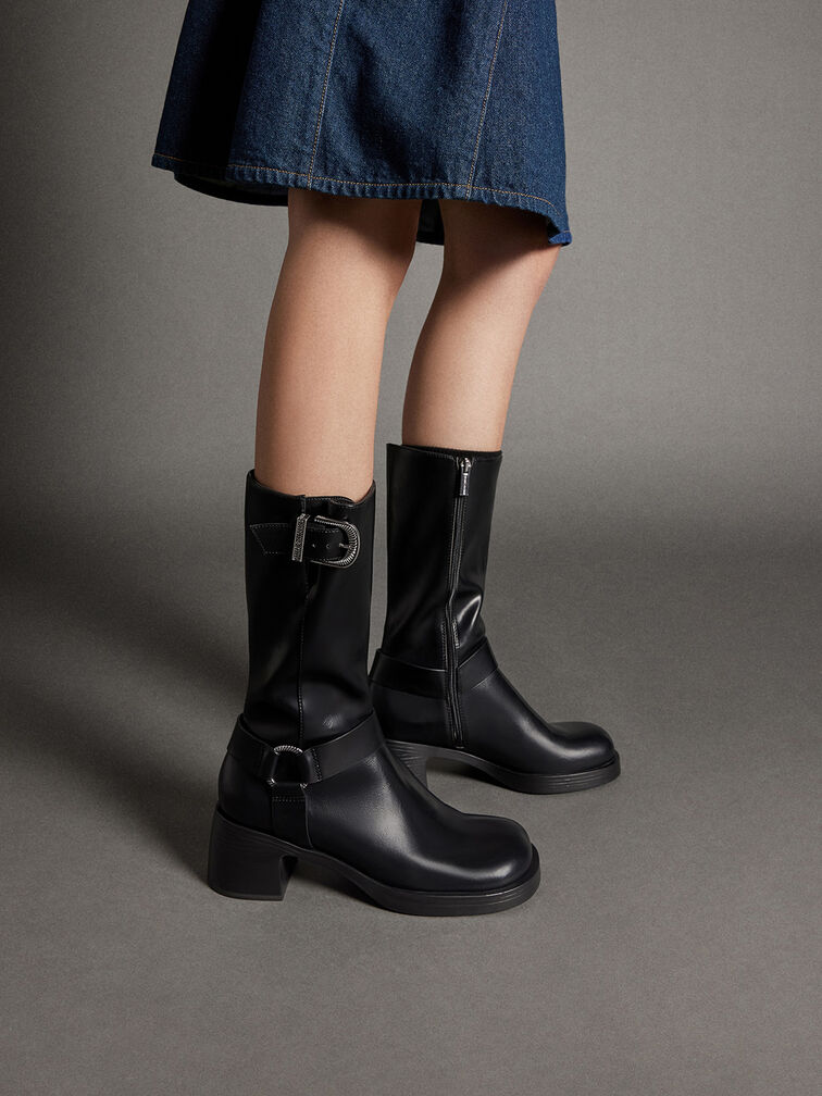 Kirke Buckled Mid-Calf Biker Boots, Black, hi-res