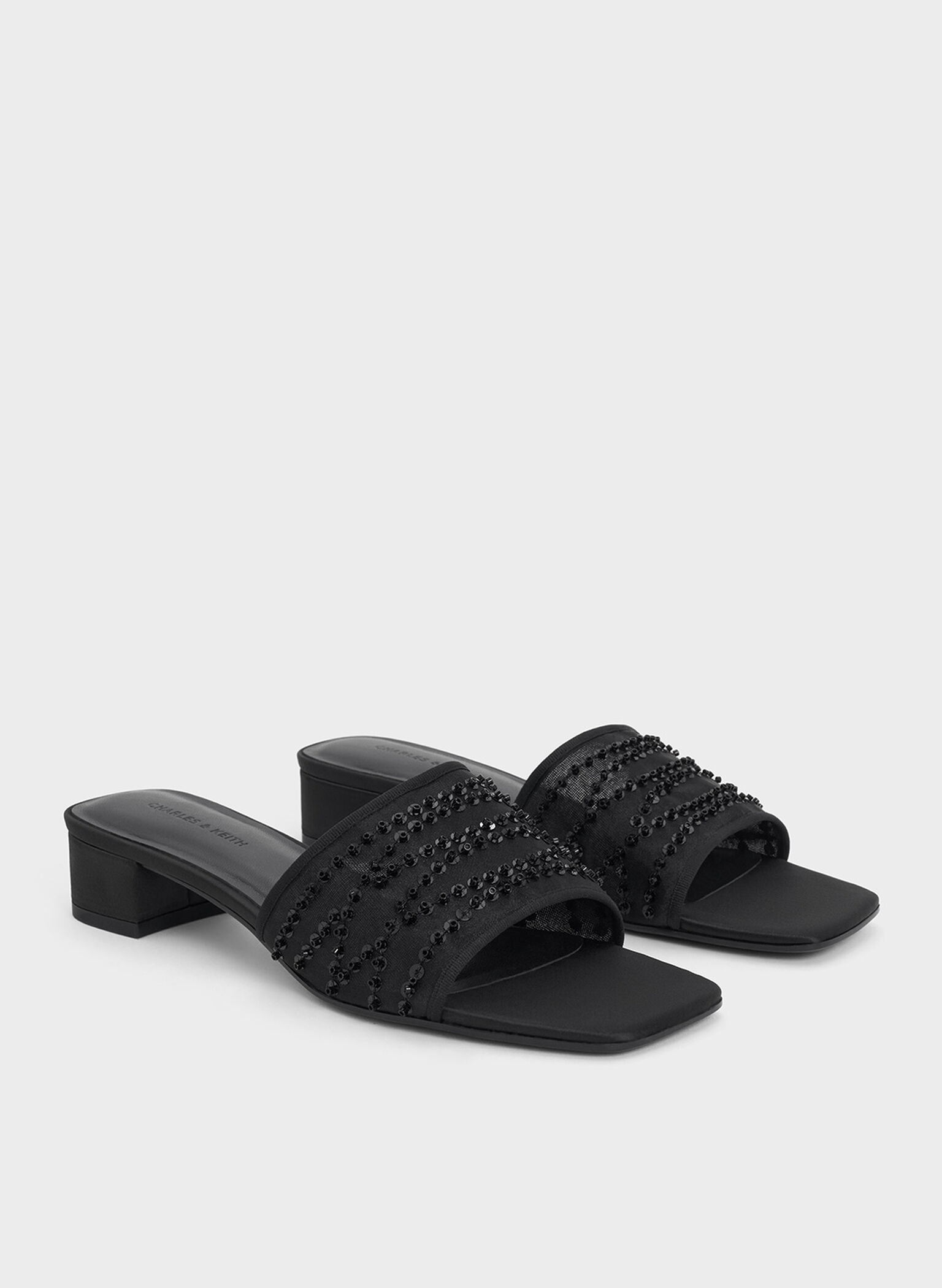 Mesh Sequinned Block-Heel Mules, Black Textured, hi-res