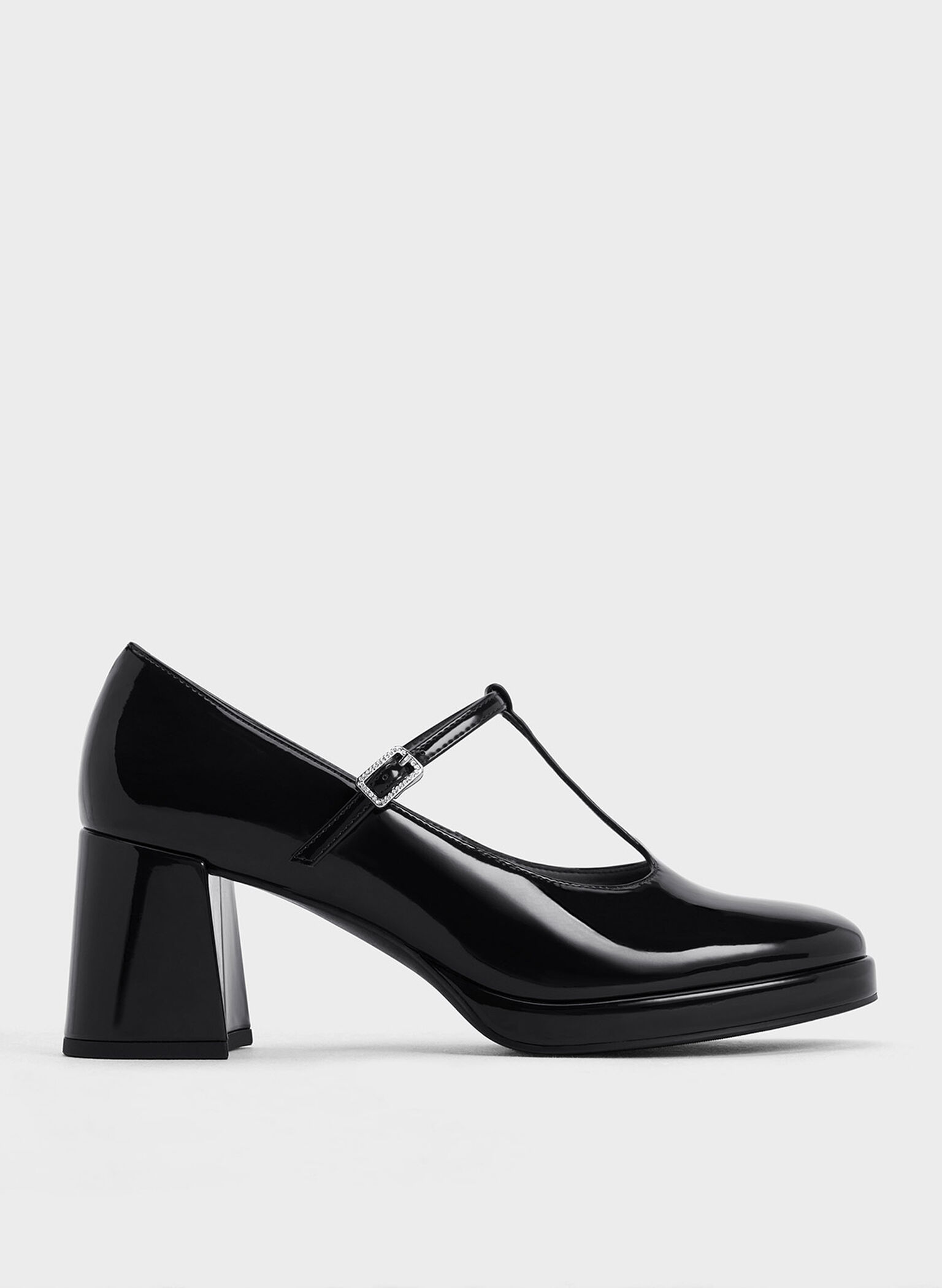 Black Boxed Crystal-Buckle T-Bar Mary Jane Pumps - CHARLES & KEITH HK