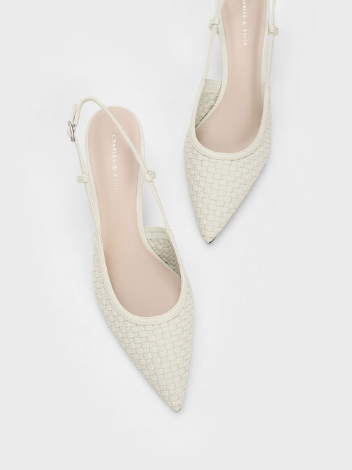 Woven Slingback Pumps, White, hi-res