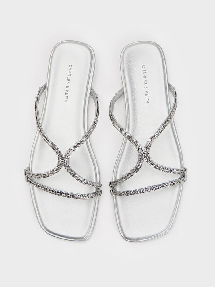 Metallic Braided Strappy Sandals, Silver, hi-res