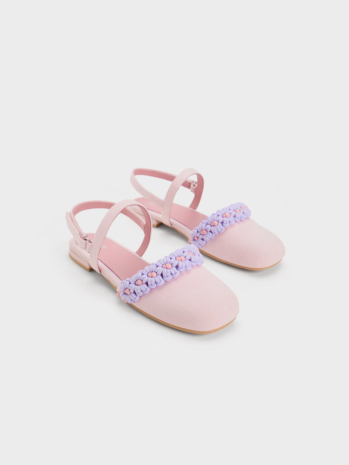 Zapatos Planos Florales de Mezclilla y Croché con Correa Trasera, Pink, hi-res