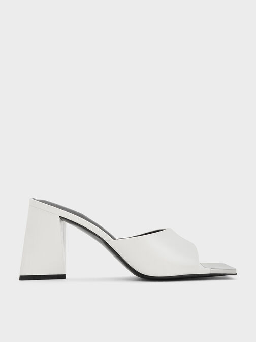 Metallic Cap Sculptural Heel Mules, White, hi-res