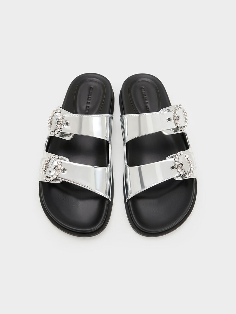 Sandalias adornadas de poliéster reciclado con hebilla, Plateado, hi-res