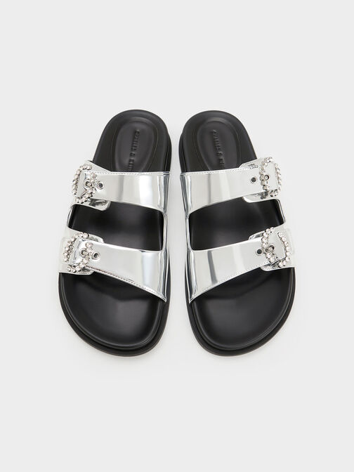 Embellished Buckle Metallic Sandals, Silver, hi-res