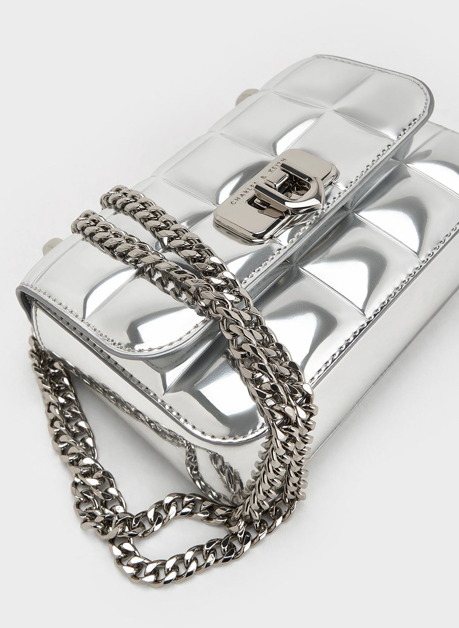 Metallic Square-Quilted Chain-Handle Bag, Silver, hi-res