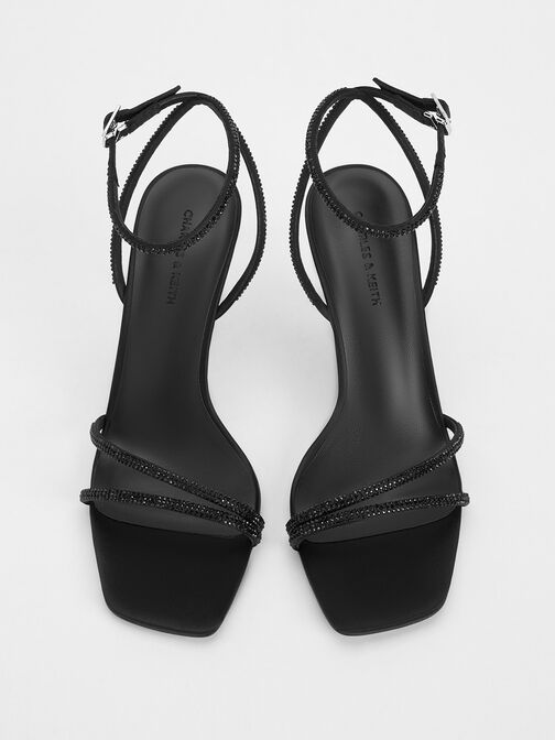Satin Crystal-Embellished Stiletto-Heel Sandals, Black Textured, hi-res