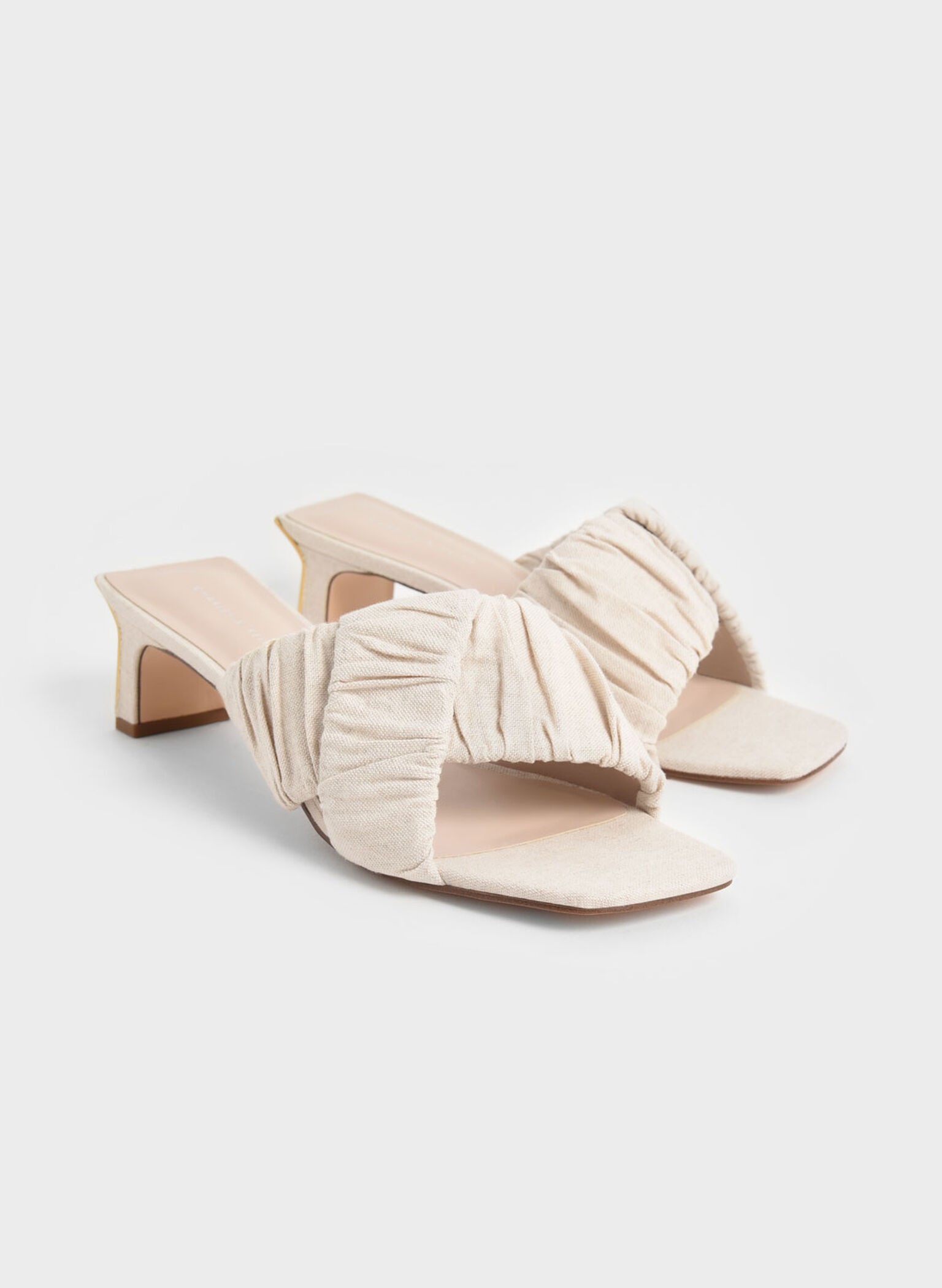 Linen Asymmetric Ruched Mules, Chalk, hi-res