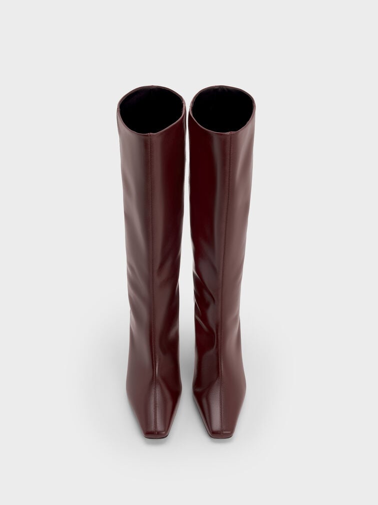 Georgina Leather Tapered Square-Toe Blade-Heel Knee-High Boots, Burgundy, hi-res