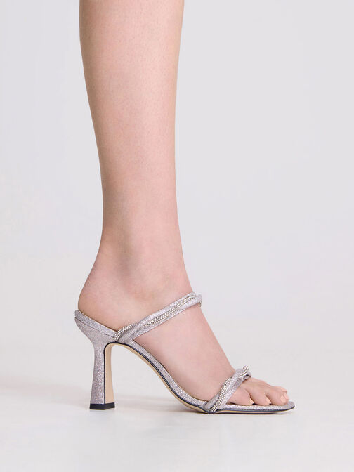 Embellished Twisted Strap Glittered Sandals, Silver, hi-res