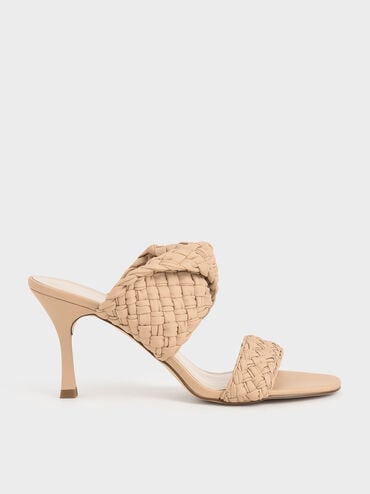 Double Strap Woven Heeled Mules, Nude, hi-res