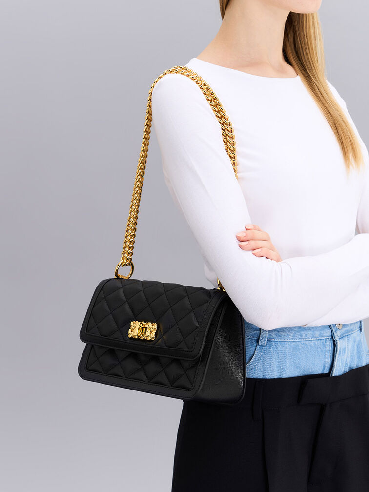 Micaela Quilted Chain Bag, Black, hi-res