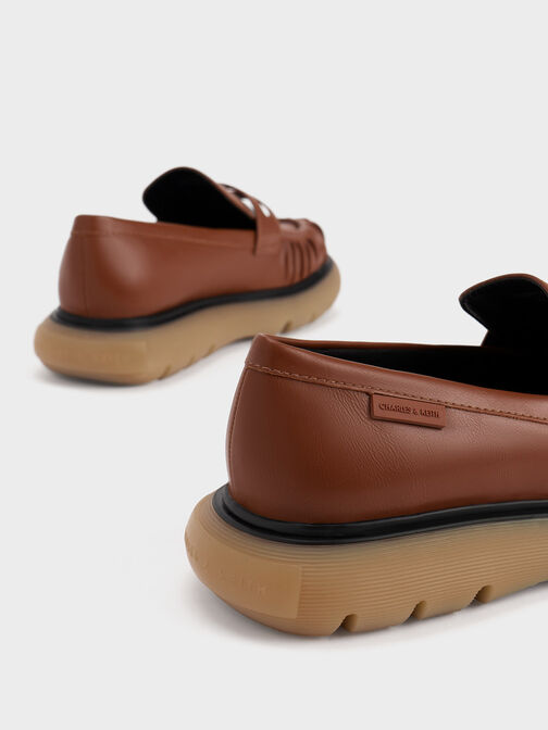 Ruched Ridged-Sole Penny Loafers, Cognac, hi-res