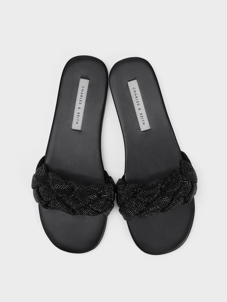 Gem-Embellished Braided Strap Slides, Black, hi-res