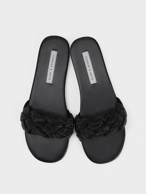 Gem-Embellished Braided Strap Slides, Black, hi-res