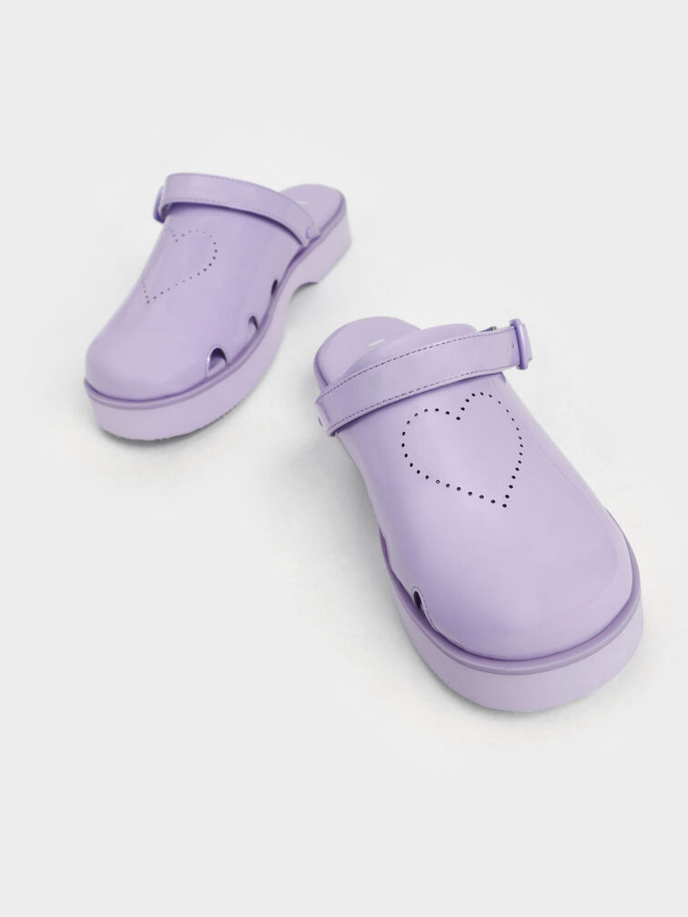 Girls' Heart-Motif Patent Clogs, Lilac, hi-res