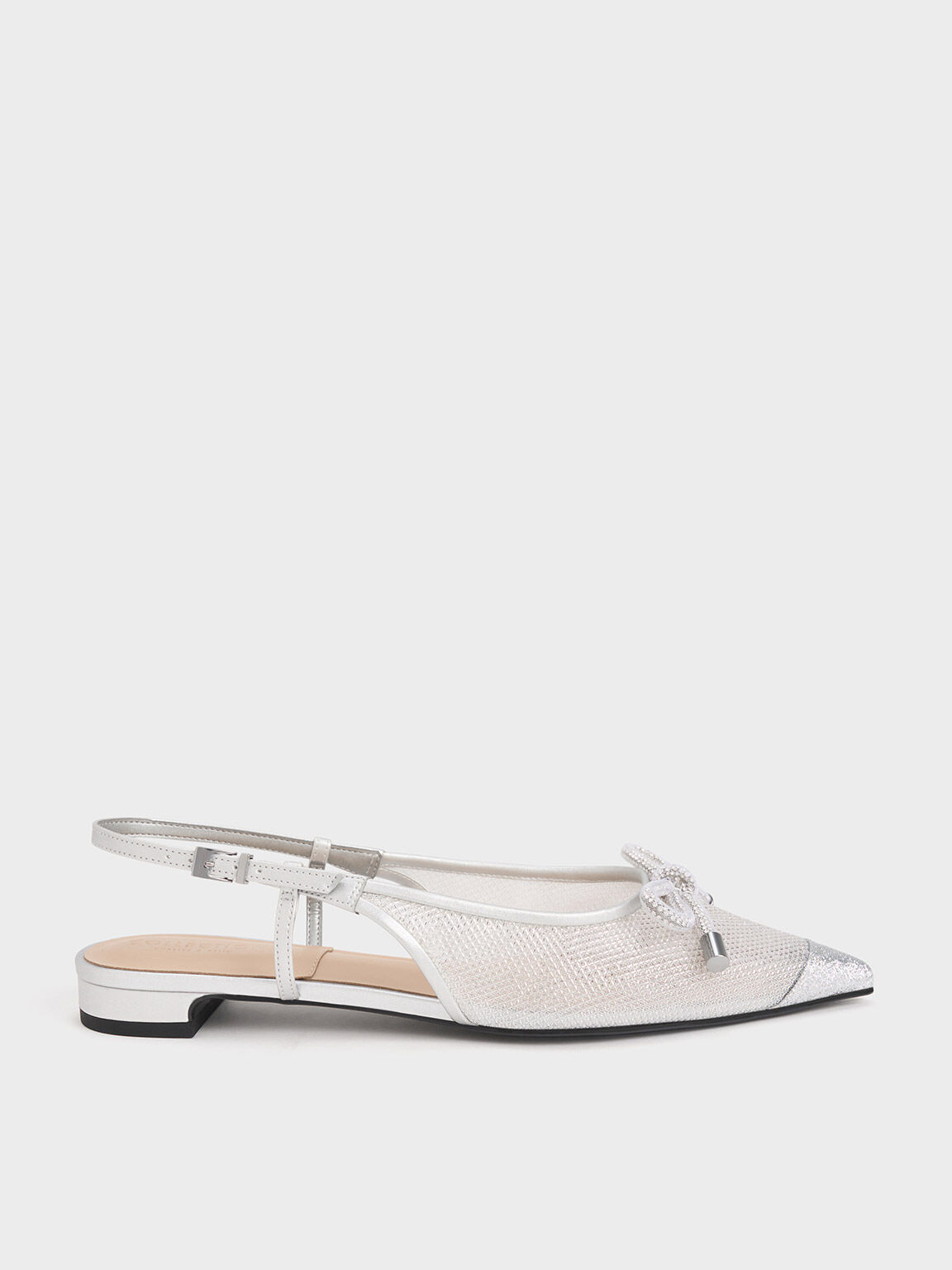 Embellished-Bow Mesh Slingback Ballerinas, Silver, hi-res