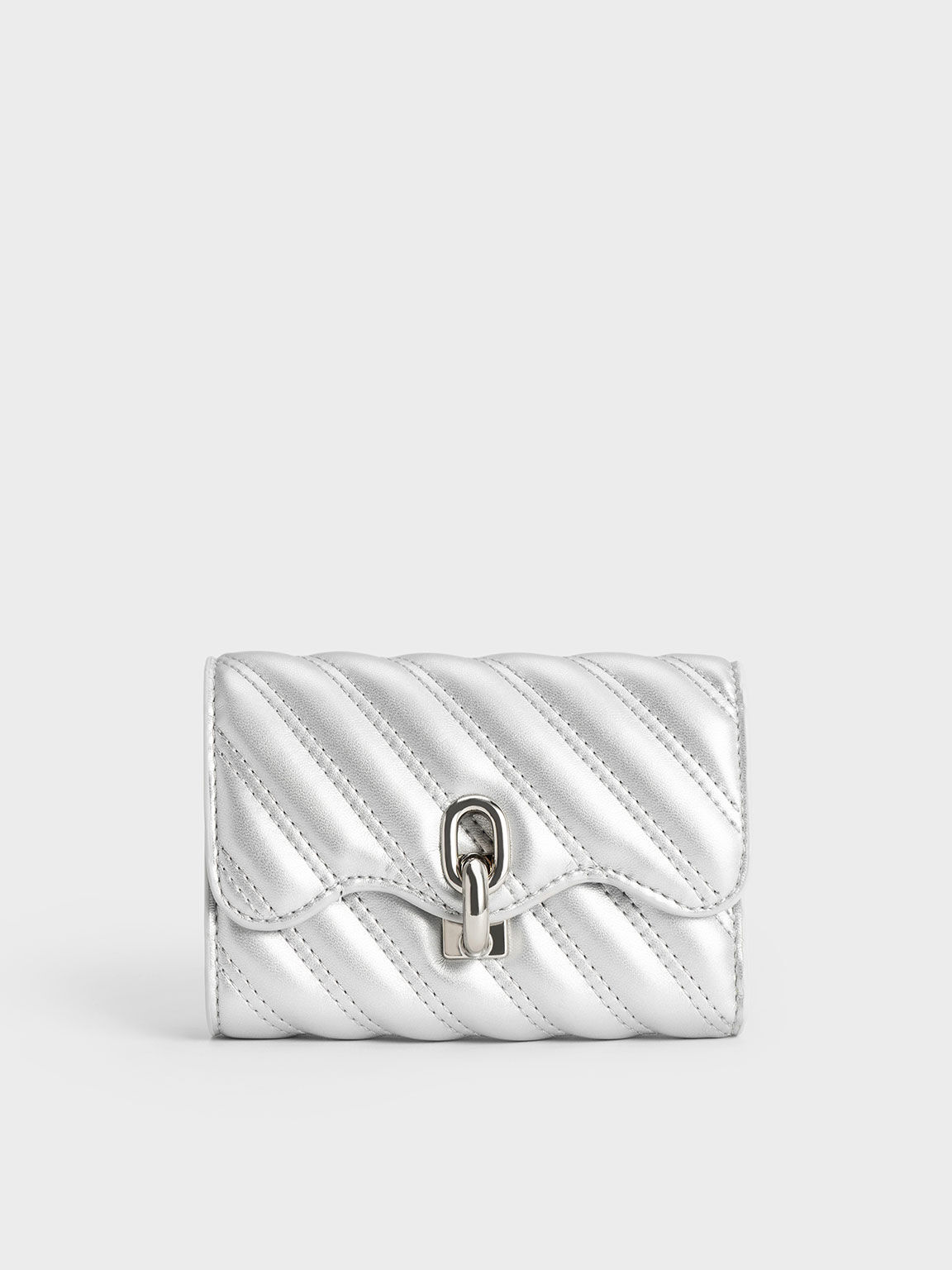 Freja Wavy Metallic Quilted Wallet, Silver, hi-res