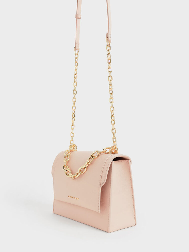 Front Flap Chain Handle Crossbody Bag, Light Pink, hi-res