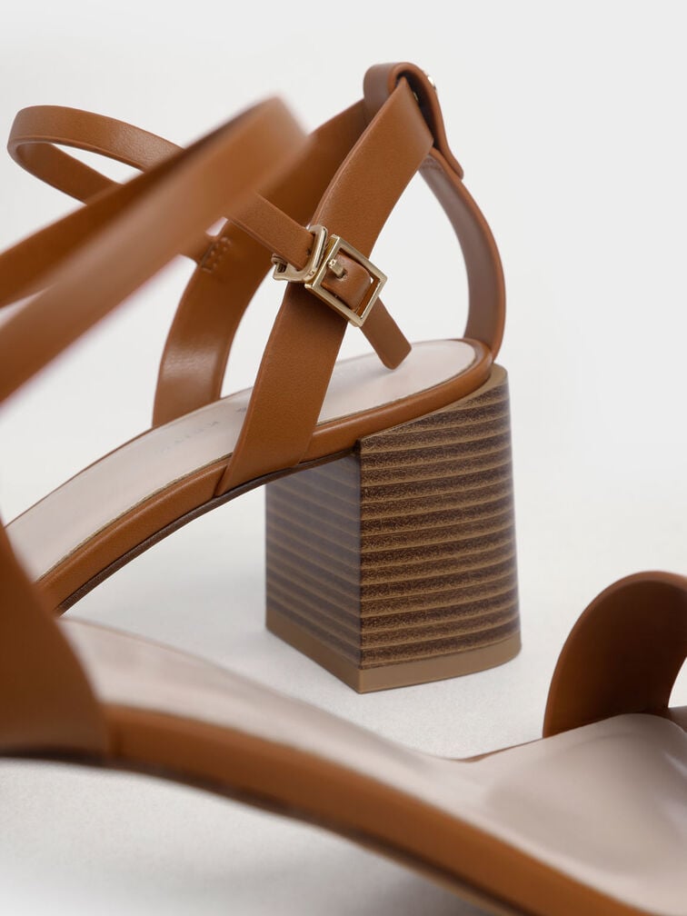 Ankle Strap Stacked Heel Sandals, Caramel, hi-res