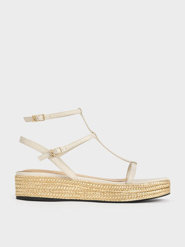 Leather T-Bar Espadrille Sandals, White, hi-res