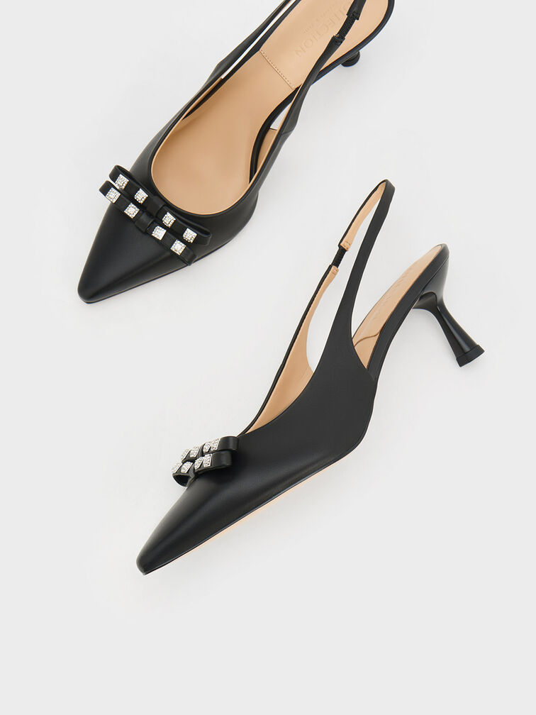 Bow Crystal-Embellished Leather Slingback Pumps, Black, hi-res