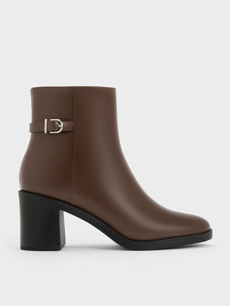 Side-Buckle Block Heel Ankle Boots, Dark Brown, hi-res