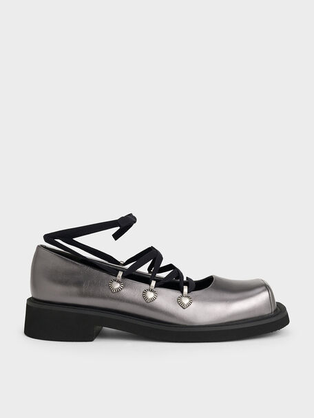 Metallic Heart-Embellished Lace-Up Ballet Flats, Pewter, hi-res