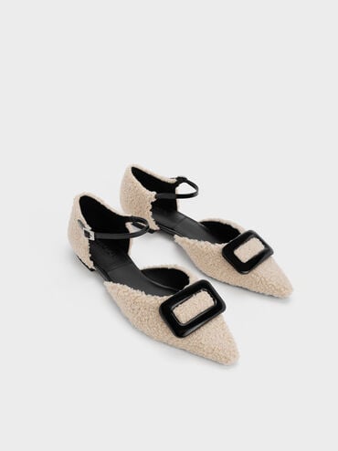 Zapatos planos Rosalie de cuero con corte D'Orsay y detalles de pelusa, Beige, hi-res
