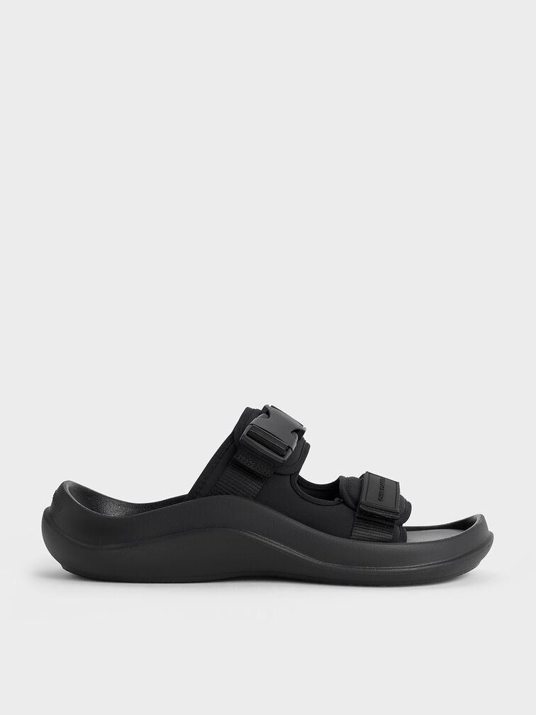Nylon Double-Strap Sports Sandals, Black Textured, hi-res